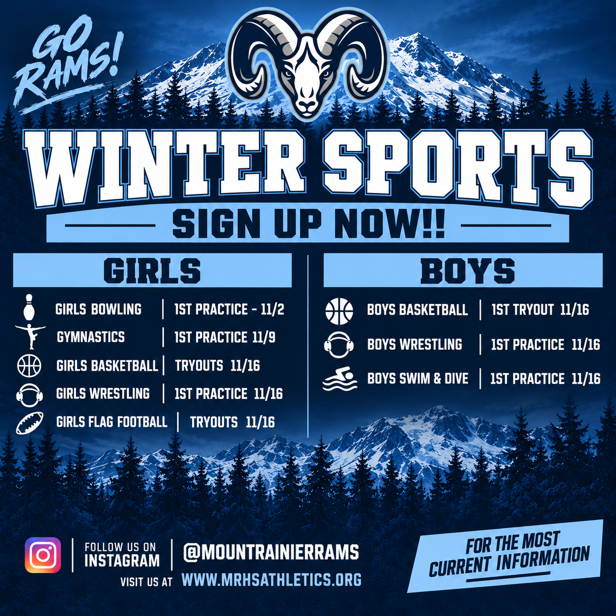 Winter Sports Sign Up Now — Girls Bowling 11/2, Gymnastics 11/9, Girls Basketball Tryouts 11/16, Girls Wrestling 11/16, Girls Flag Football Tryouts 11/16, Boys Basketball Tryouts 11/16, Boys Wrestling 11/16, Boys Swim and Dive 11/16.